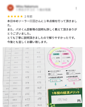 本日ゆめソーラーさんに1年点検を行っていただきました。また、パオ君診断等の説明も詳しく教えて頂きありがとうございました。とても丁寧に説明頂きましたので分かりやすかったです。今後ともよろしくお願いいたします。