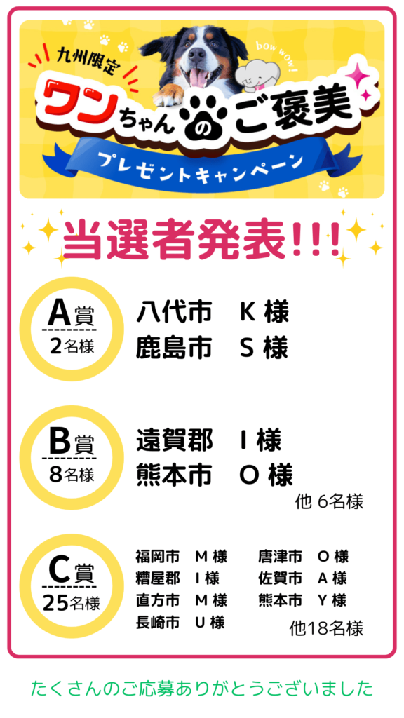 ワンちゃんのご褒美プレゼントキャンペーン当選者発表